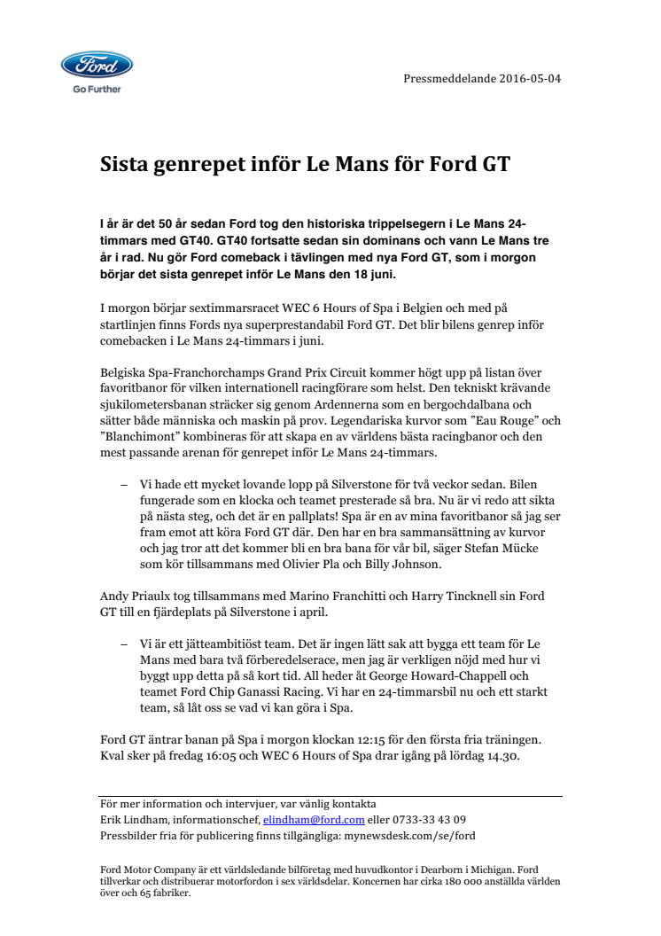 Sista genrepet inför Le Mans för Ford GT