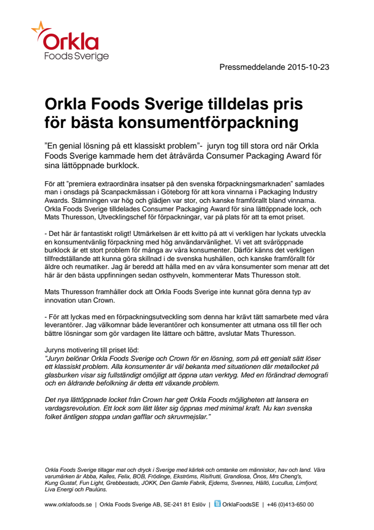 Orkla Foods Sverige tilldelas pris för bästa konsumentförpackning