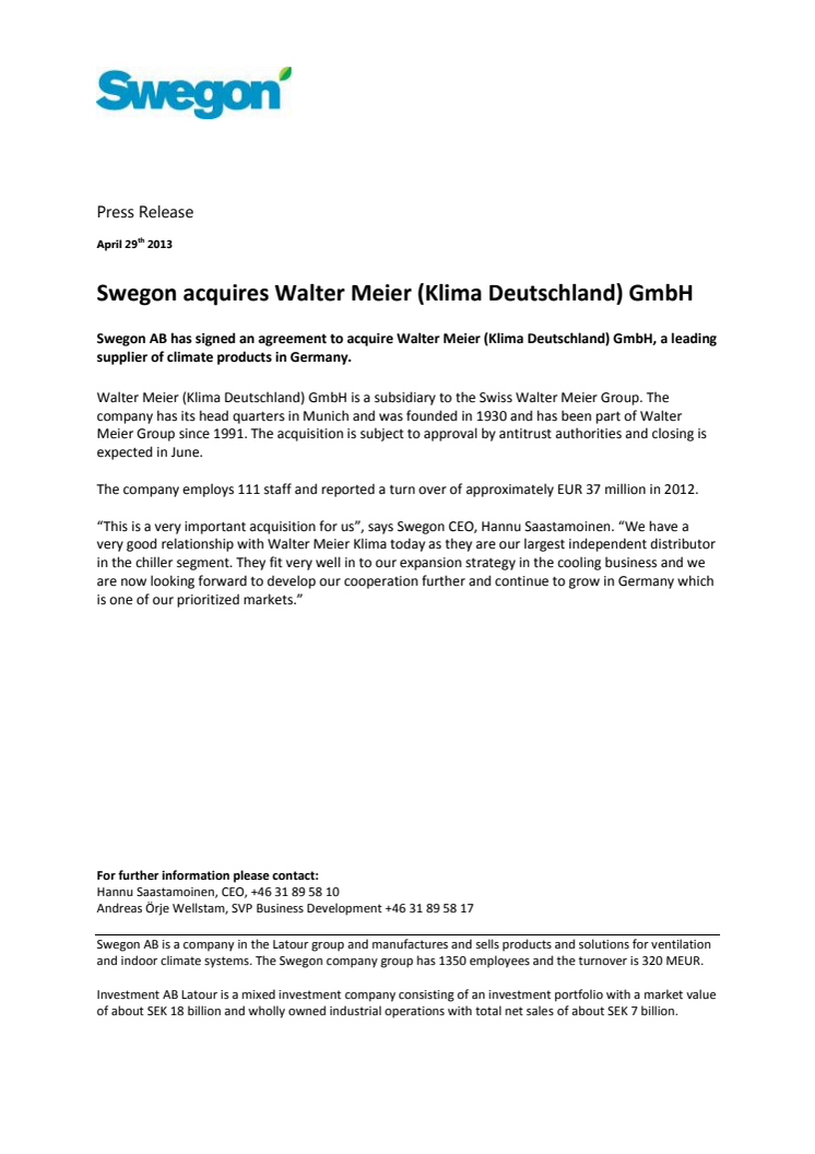 Swegon acquires Walter Meier (Klima Deutschland) GmbH