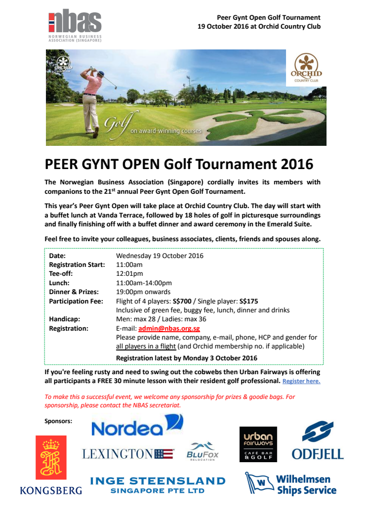 Invitation: 21st Annual Peer Gynt Open Golf Tournament - 19 October 2016 at Orchid Country Club