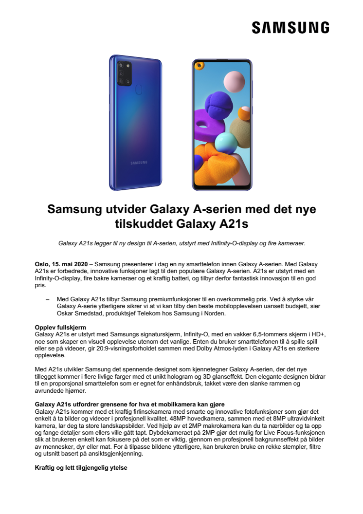 Samsung utvider Galaxy A-serien med det nye tilskuddet Galaxy A21s