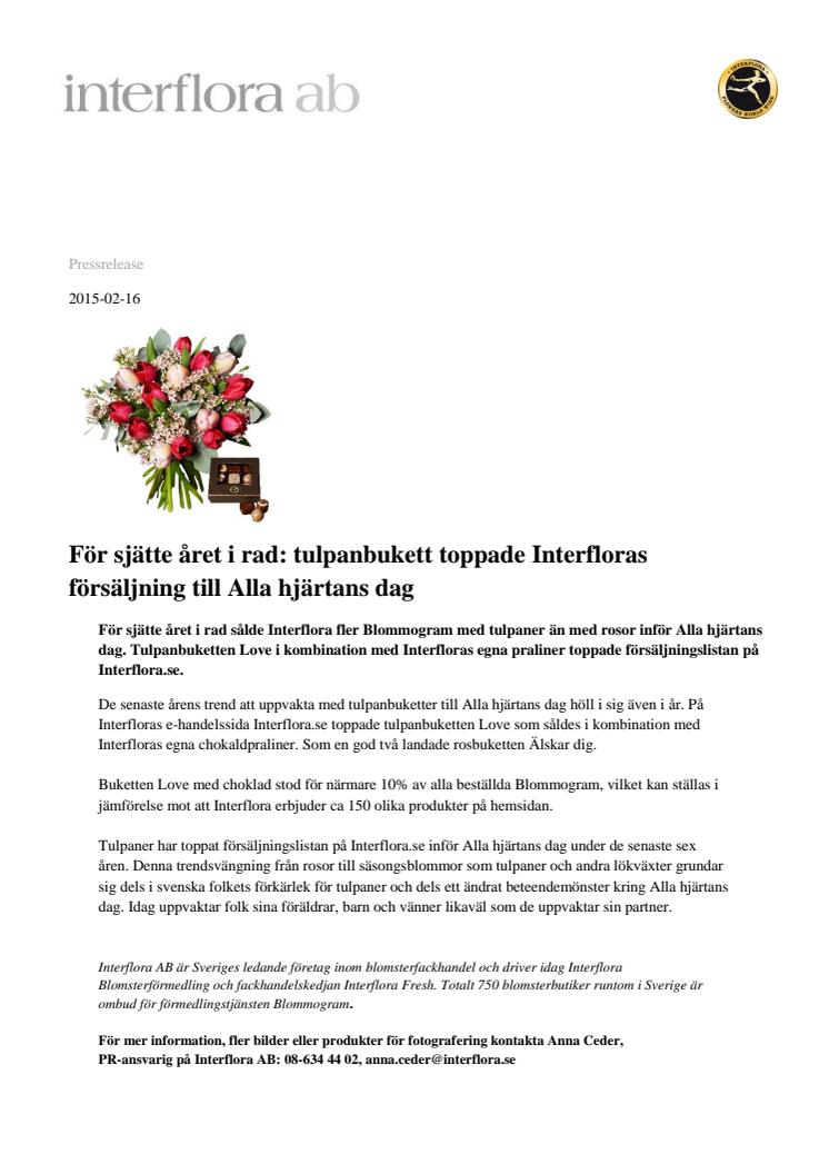 För sjätte året i rad: tulpanbukett toppade Interfloras försäljning till Alla hjärtans dag