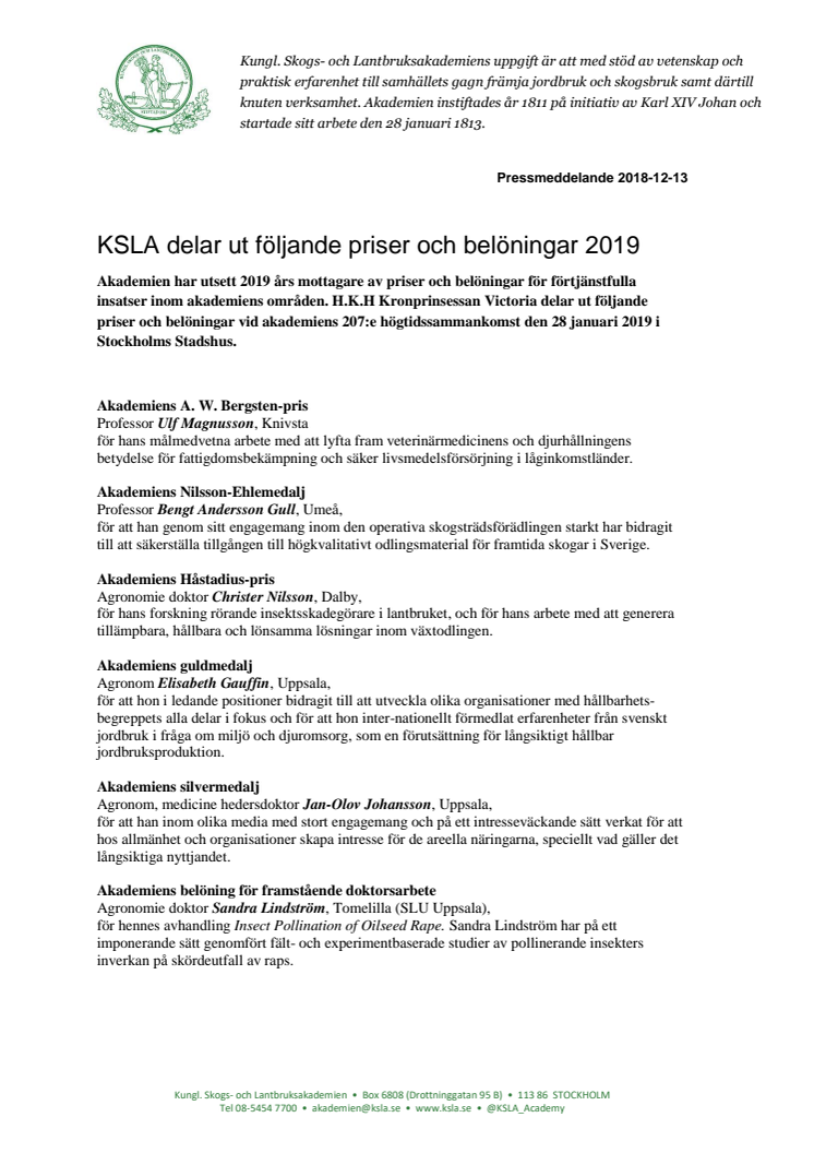 KSLA har utsett 2019 års pris- och belöningsmottagare