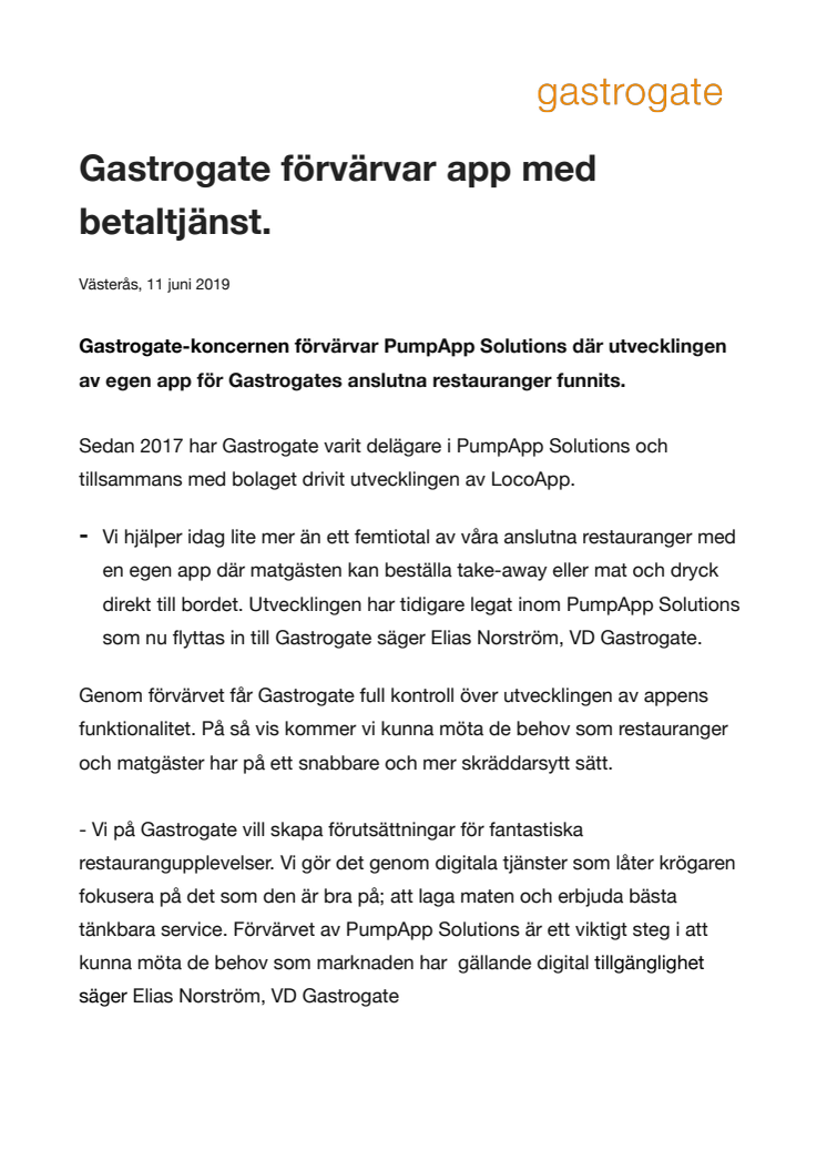 Gastrogate förvärvar app med betaltjänst