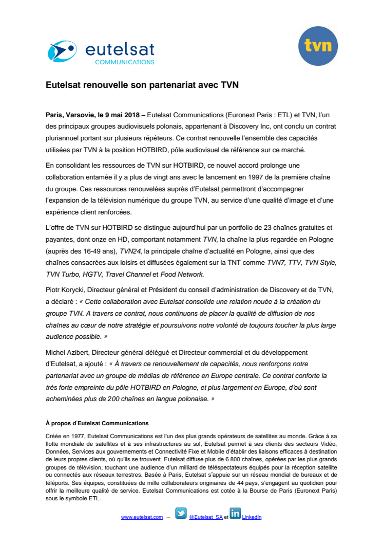​​Eutelsat renouvelle son partenariat avec TVN 