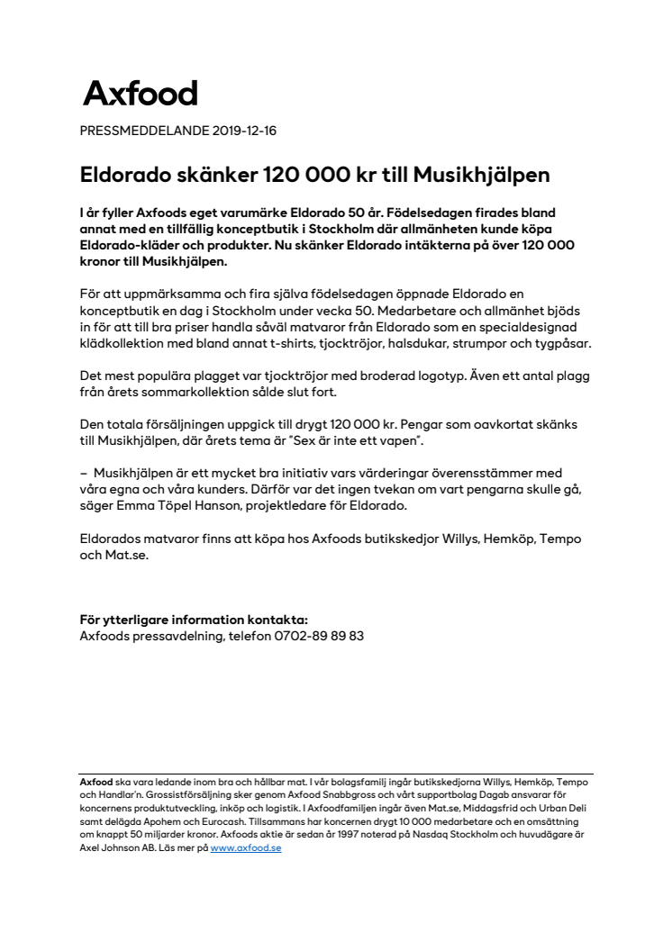 Eldorado skänker 120 000 kr till Musikhjälpen