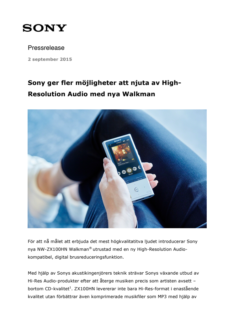 Sony ger fler möjligheter att njuta av High-Resolution Audio med nya Walkman