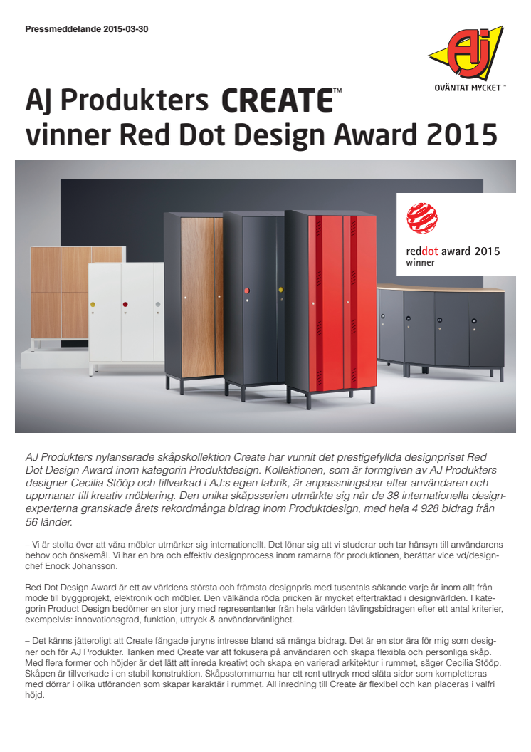AJ Produkters CREATE™ vinner Red Dot Design Award 2015