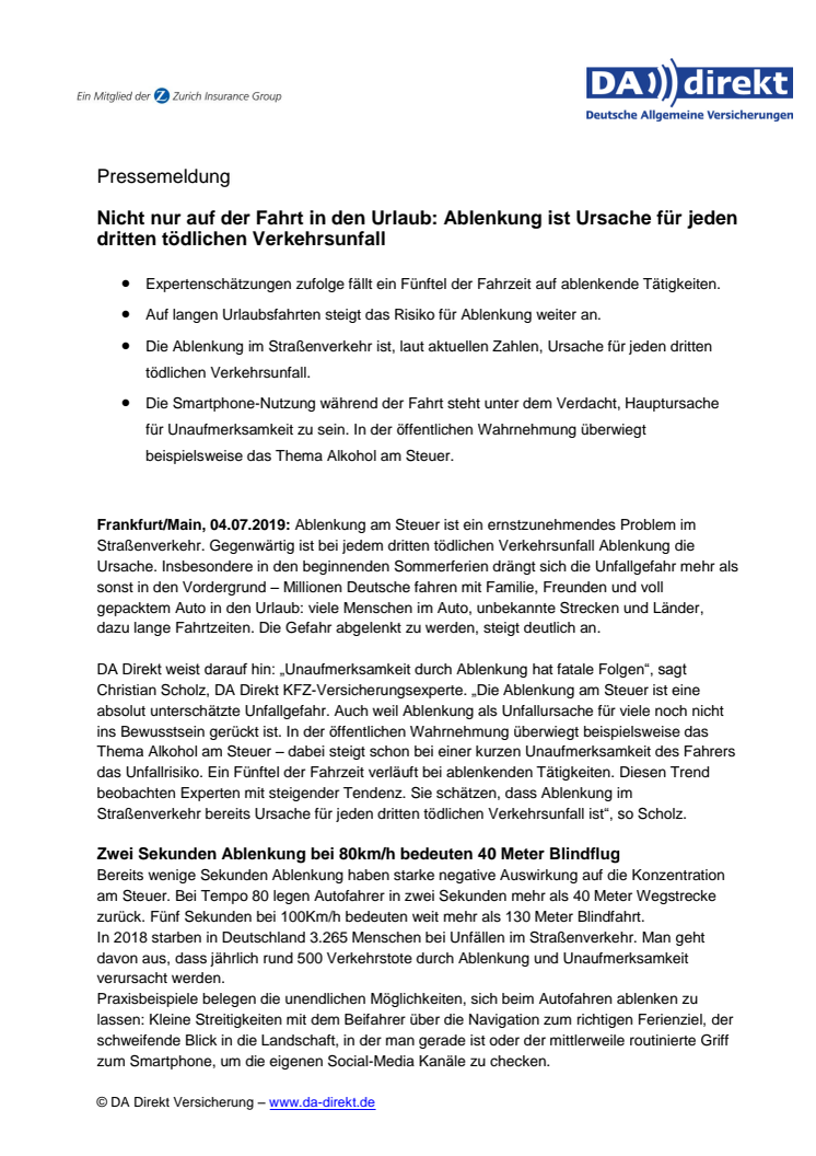 Nicht nur auf der Fahrt in den Urlaub: Ablenkung ist Ursache für jeden dritten tödlichen Verkehrsunfall