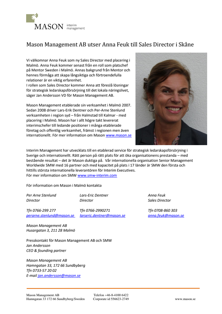 Mason Management AB utser Anna Feuk till Sales Director i Skåne