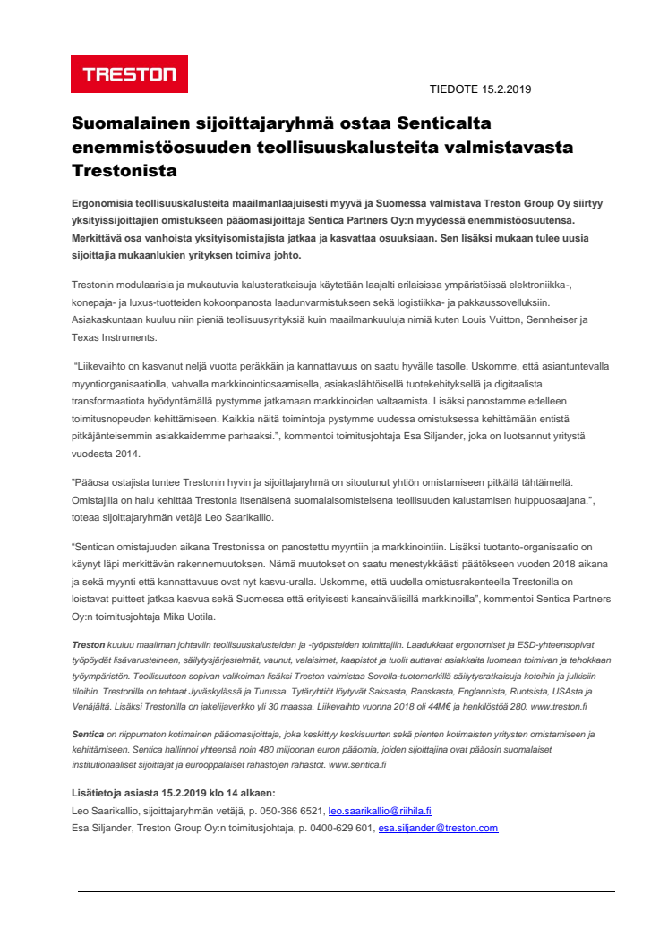 Suomalainen sijoittajaryhmä ostaa Senticalta enemmistöosuuden teollisuuskalusteita valmistavasta Trestonista