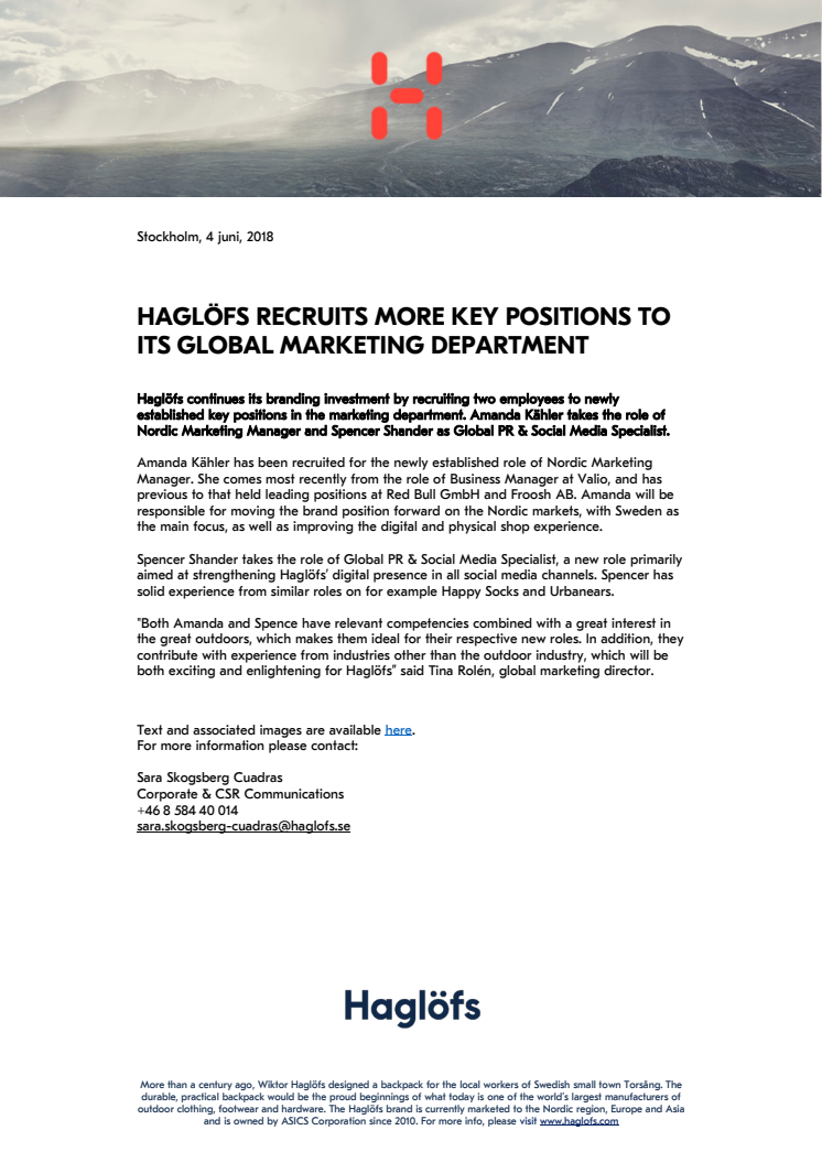HAGLÖFS RECRUITS MORE KEY POSITIONS TO ITS GLOBAL MARKETING DEPARTMENT