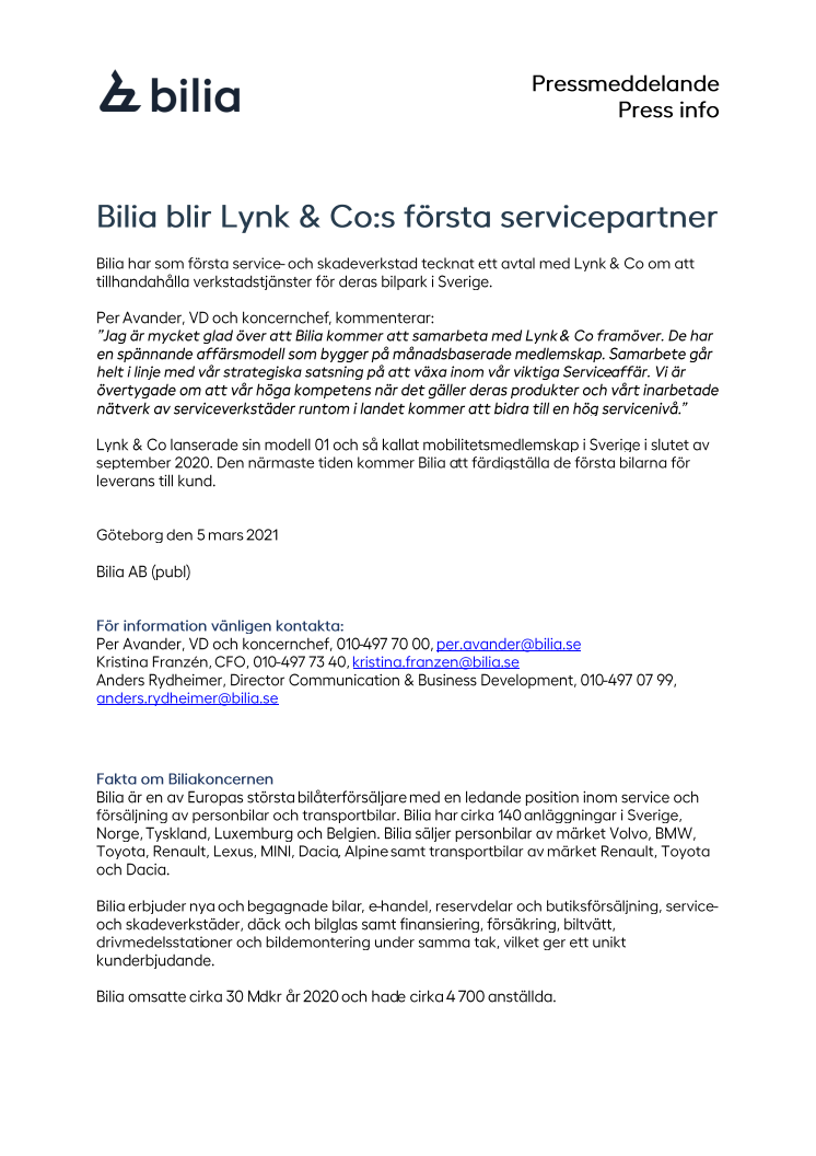 Bilia blir Lynk & Co:s första servicepartner