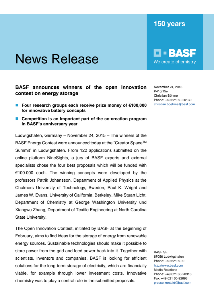 BASF annoncerer vinderne af den åbne innovationskonkurrence om energilagering