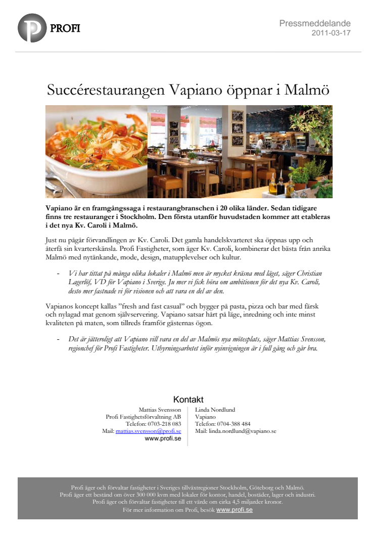 Succérestaurangen Vapiano öppnar i Malmö
