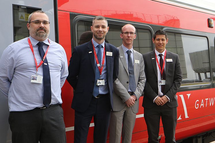 Train - from left, Tim Aveline, On-Board Services Manager, Stephen Darbyshire, Operations Manager, David Stronell, Area Station Manager, Stephen MacCallaugh, Head of Gatwick Express