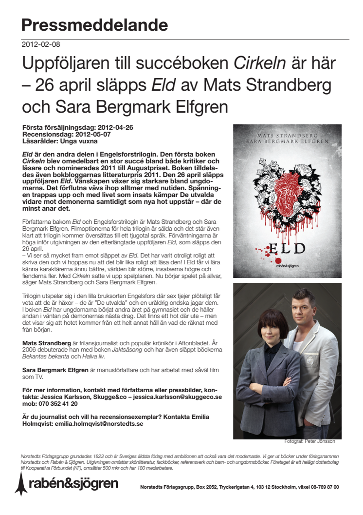 Uppföljaren till succéboken Cirkeln är här – 26 april släpps Eld av Mats Strandberg och Sara Bergmark Elfgren