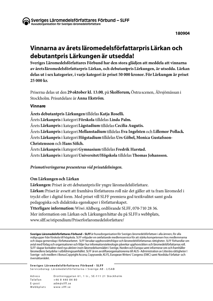 Vinnarna av årets läromedelsförfattarpris Lärkan och debutantpris Lärkungen är utsedda!