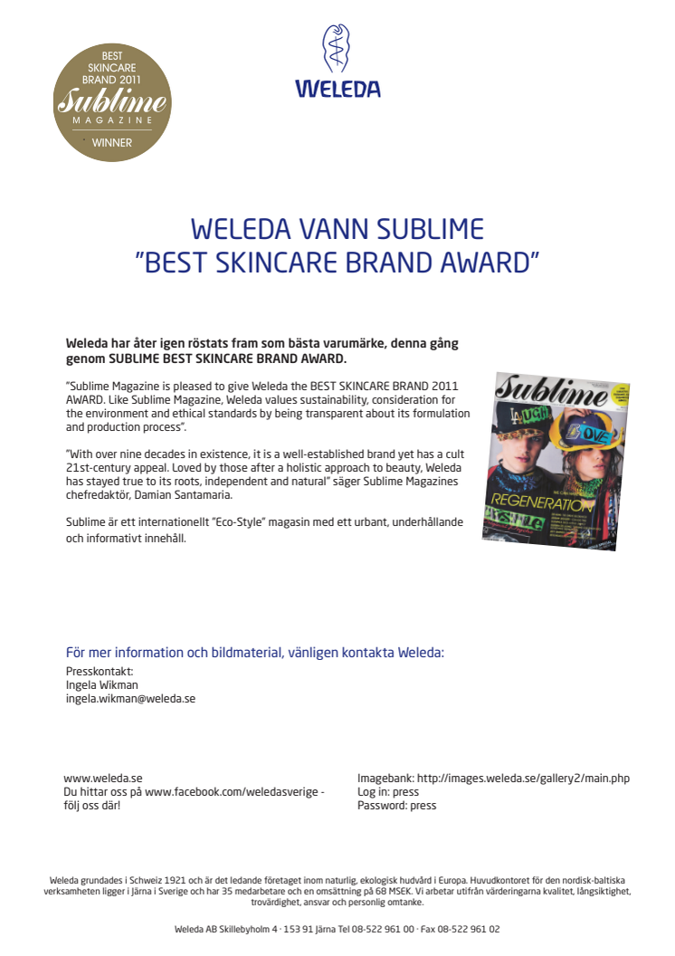 WELEDA VANN SUBLIME ”BEST SKINCARE BRAND AWARD”