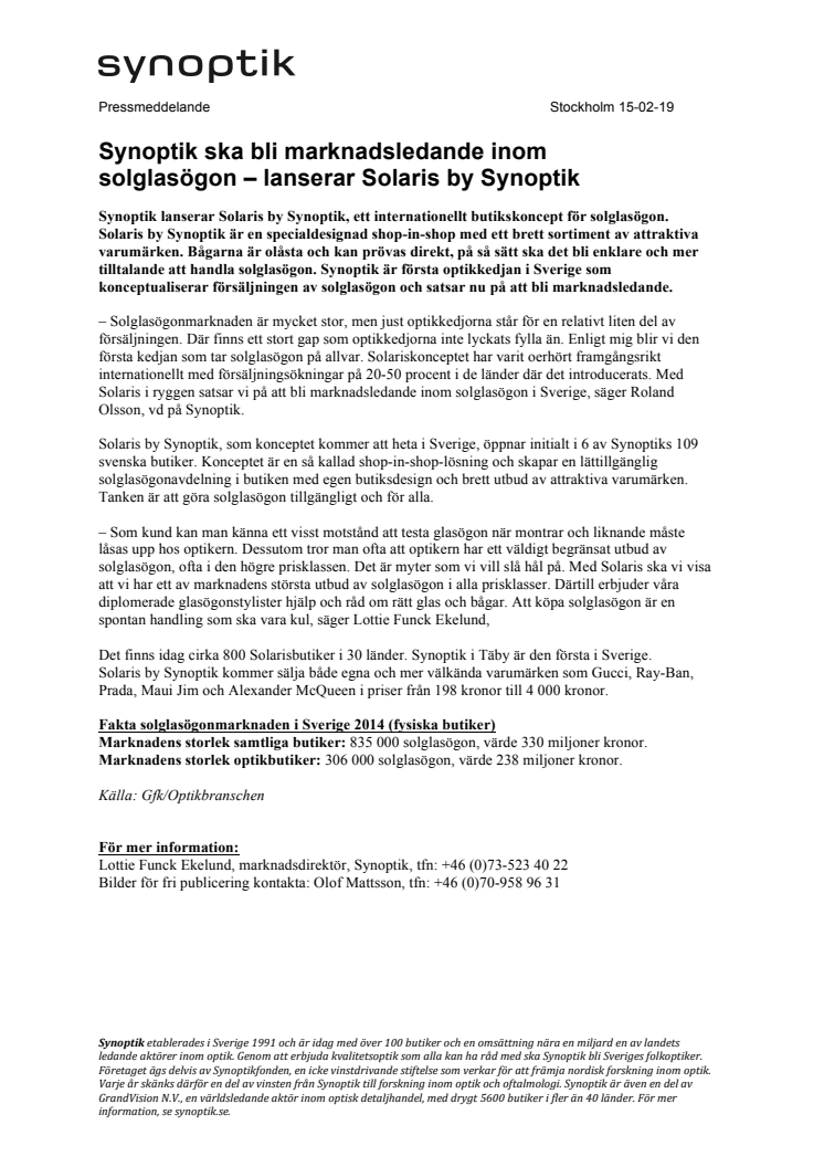 Synoptik ska bli marknadsledande inom  solglasögon – lanserar Solaris by Synoptik