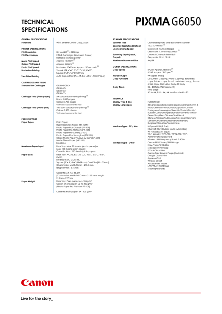 PIXMA G6050 Spec Sheet