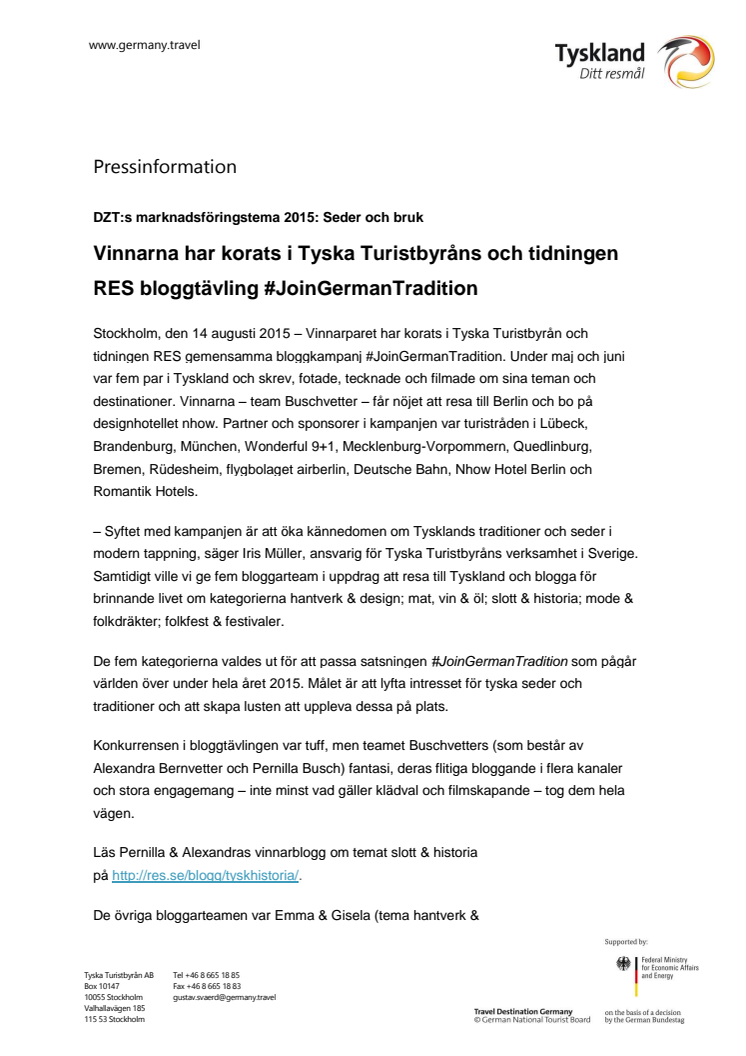 Vinnarna har korats i Tyska Turistbyråns och tidningen RES bloggtävling #JoinGermanTradition