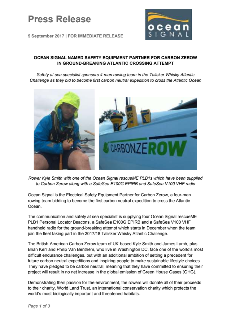 Ocean Signal: Ocean Signal Named Safety Equipment Partner for Carbon Zerow in Ground-Breaking Atlantic Crossing Attempt