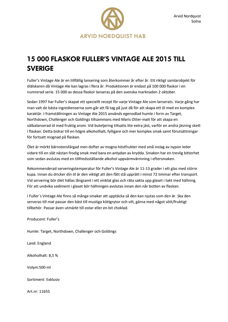 15 000 flaskor Fuller’s Vintage Ale 2015 till Sverige 