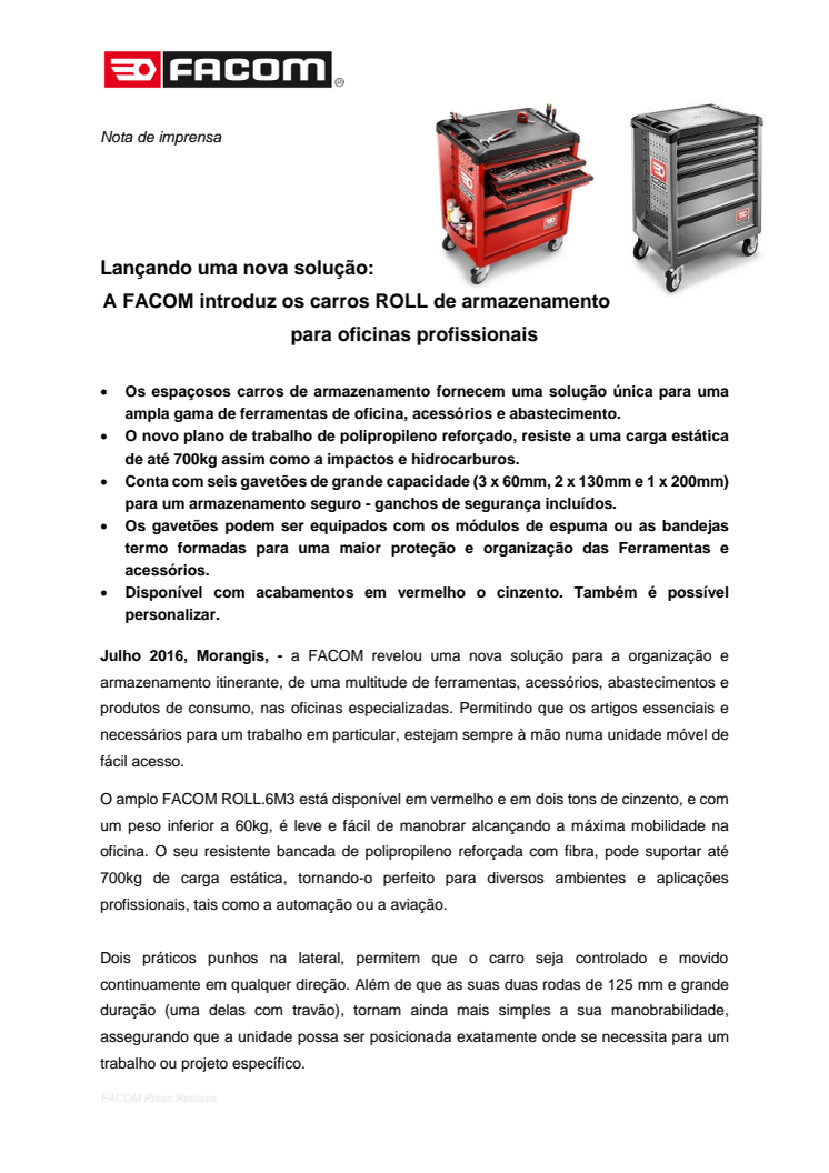 Lançando uma nova solução:  A FACOM® introduz os carros ROLL de armazenamento para oficinas profissionais