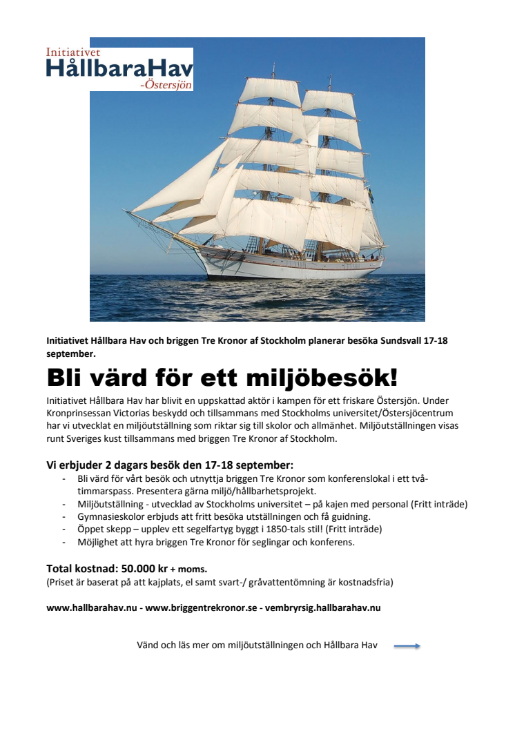 Initiativet Hållbara Hav och briggen Tre Kronor besöker Sundsvall 17-18 september