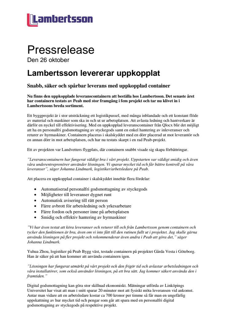 Lambertsson levererar uppkopplat  