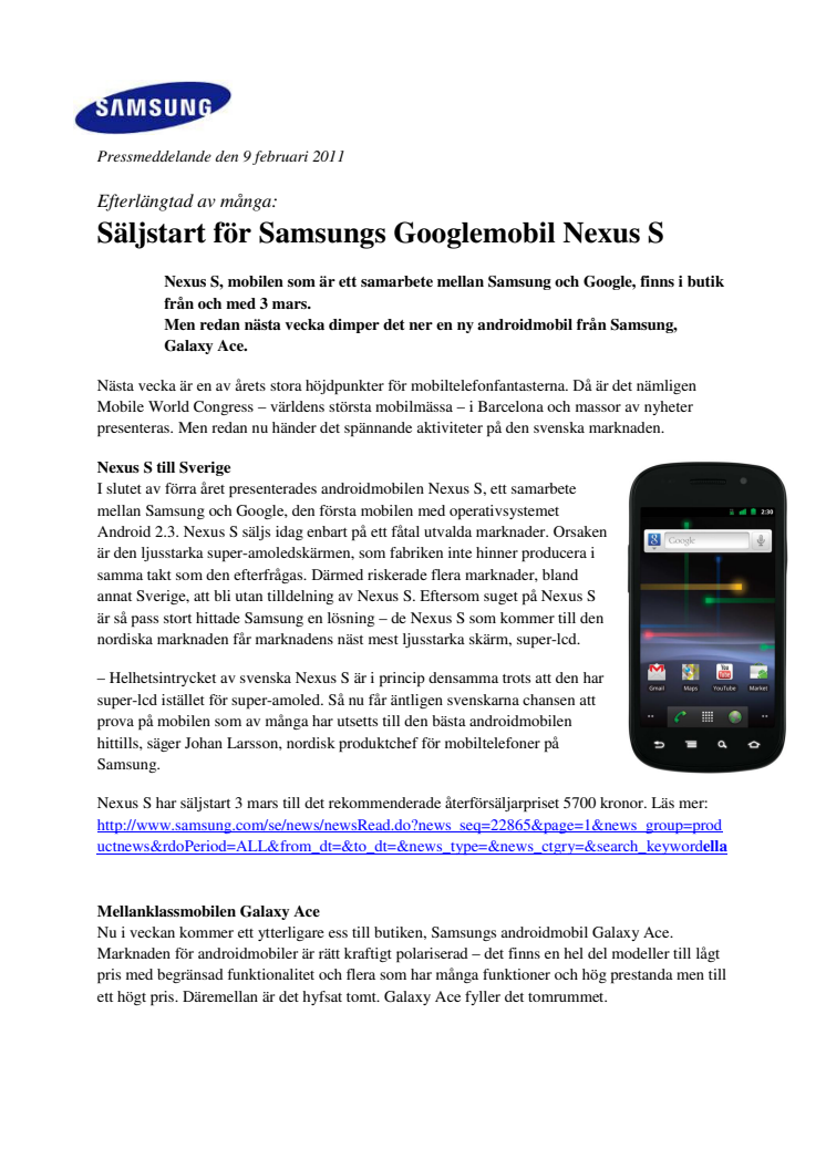 Säljstart för Samsungs Googlemobil Nexus S