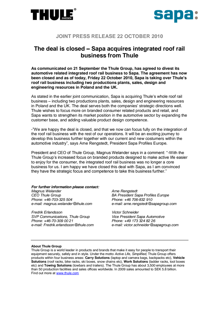 The deal is closed – Sapa acquires integrated roof rail business from Thule