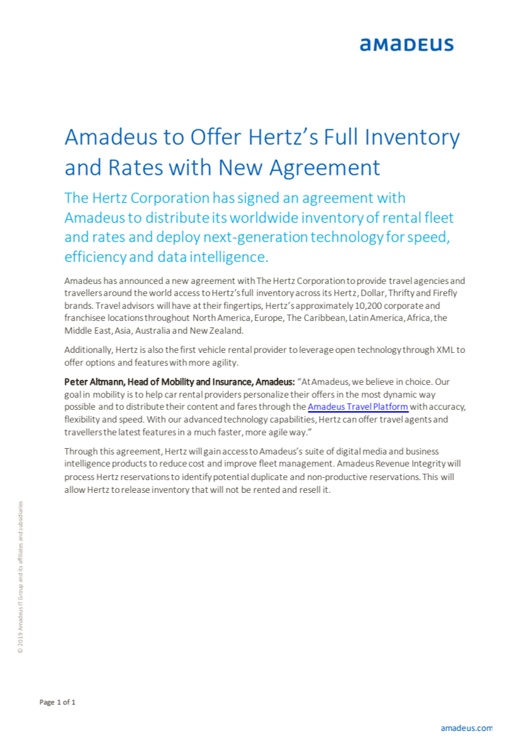 Hertz’ komplette tilbud tilgjengelig med ny Amadeus-avtale