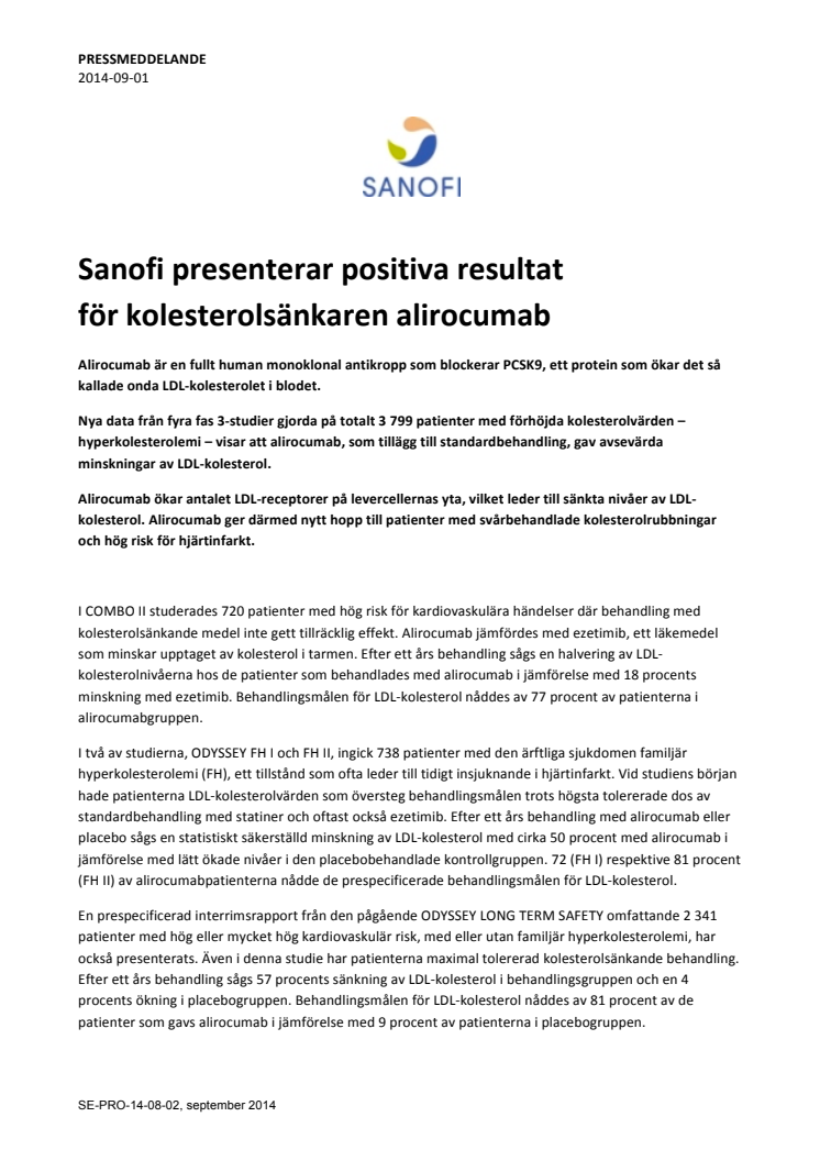Sanofi presenterar positiva resultat för kolesterolsänkaren alirocumab