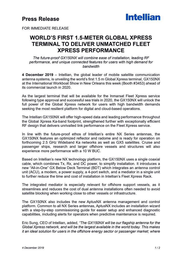 WORLD’S FIRST 1.5-METER GLOBAL XPRESS TERMINAL TO DELIVER UNMATCHED FLEET XPRESS PERFORMANCE