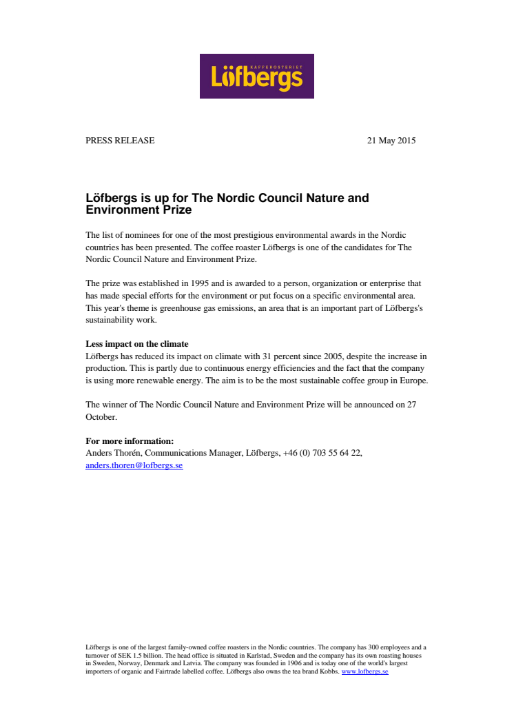 Löfbergs is up for The Nordic Council Nature and Environment Prize