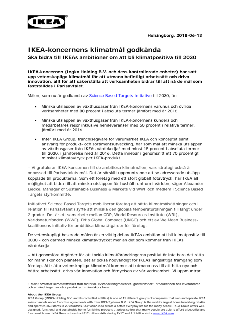 IKEA-koncernens klimatmål godkända, ska bidra till IKEAs ambitioner om att bli klimatpositiv senast 2030