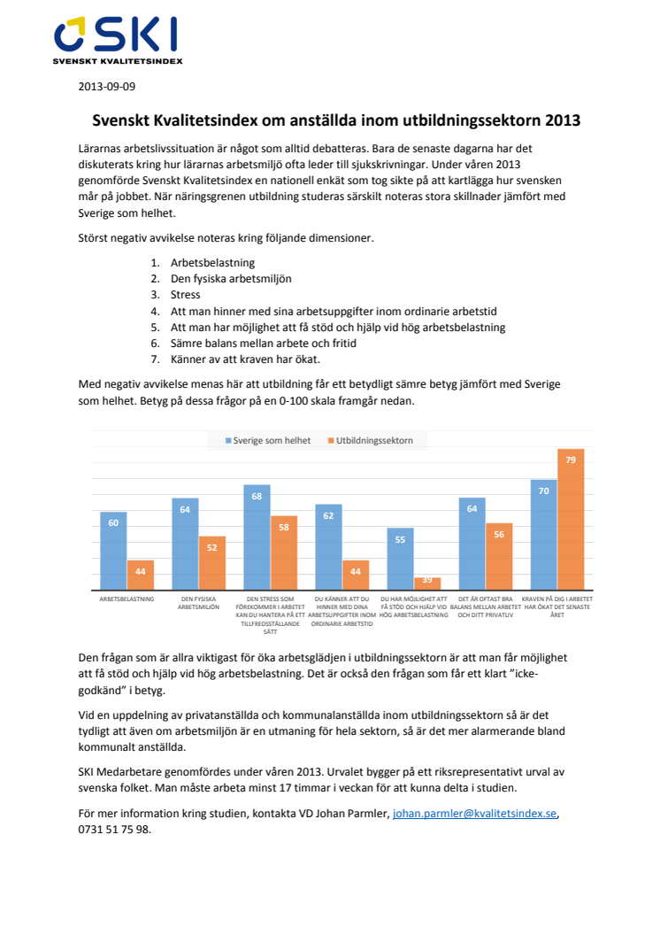 Svenskt Kvalitetsindex om anställda inom utbildningssektorn 2013