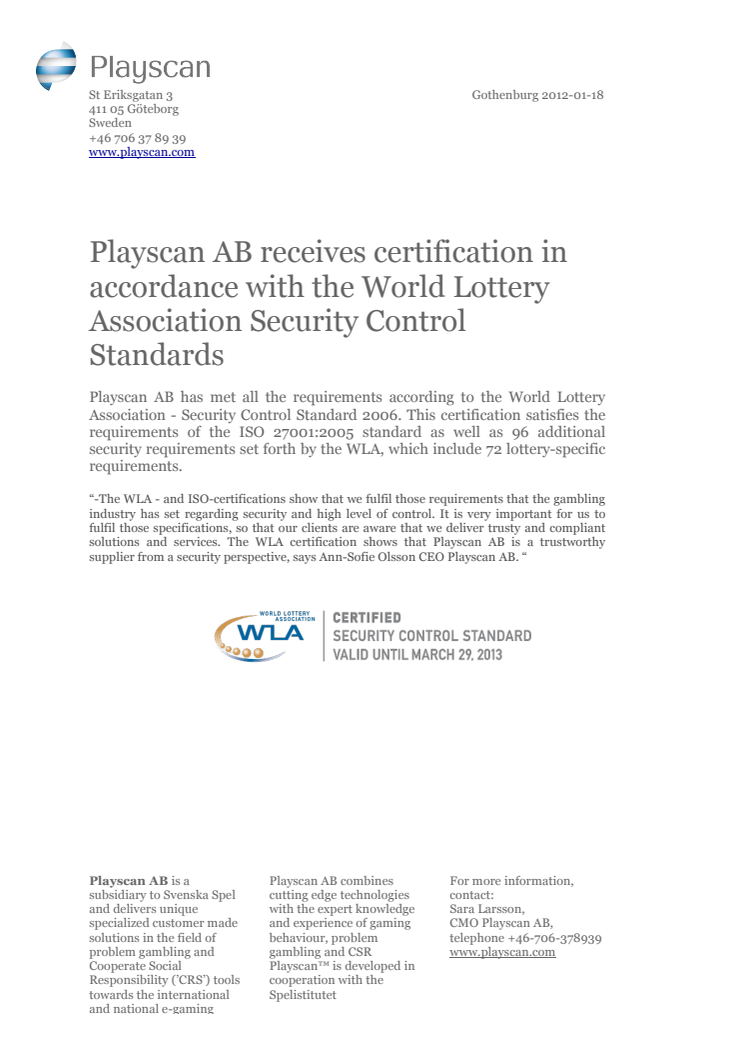 Playscan AB receives certification in accordance with the World Lottery Association Security Control Standards