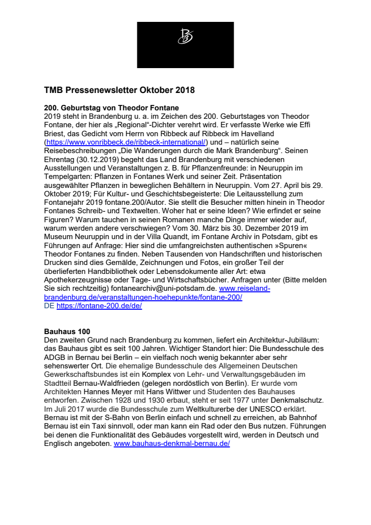 TMB Auslandspressenewsletter Oktober 2018