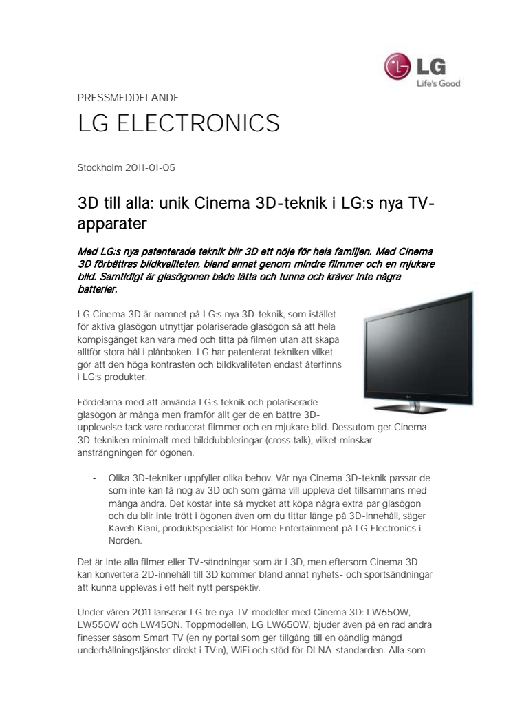 3D till alla: unik Cinema 3D-teknik i LG:s nya TV-apparater