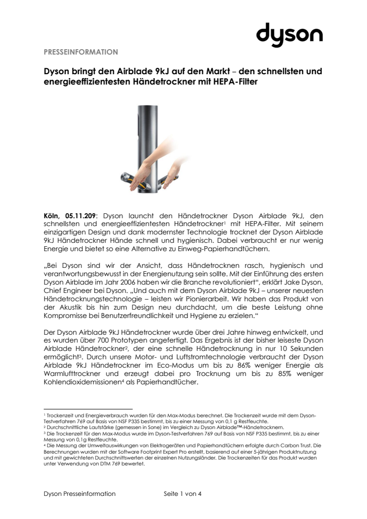 Dyson bringt den Airblade 9kJ auf den Markt  – den schnellsten und energieeffizientesten Händetrockner mit HEPA-Filter 