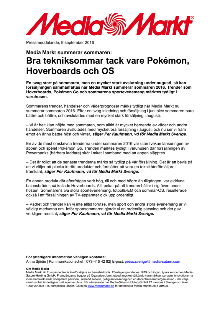 Media Markt summerar sommaren: Bra tekniksommar tack vare Pokémon,  Hoverboards och OS