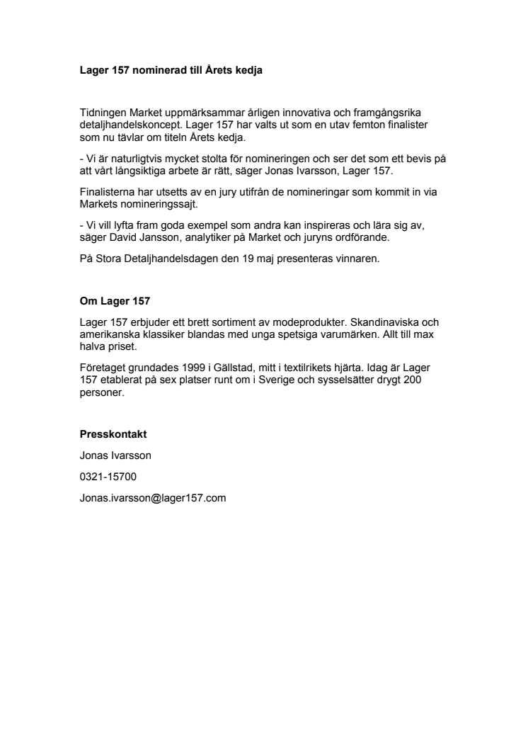 Lager 157 nominerad till Årets kedja