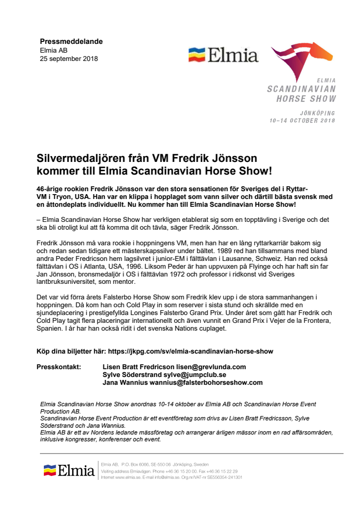 Silvermedaljören från VM Fredrik Jönsson kommer till Elmia Scandinavian Horse Show!