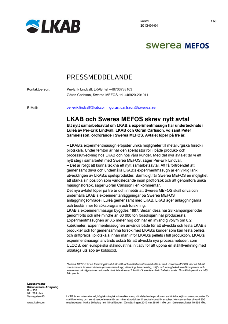 LKAB och Swerea MEFOS skrev nytt avtal