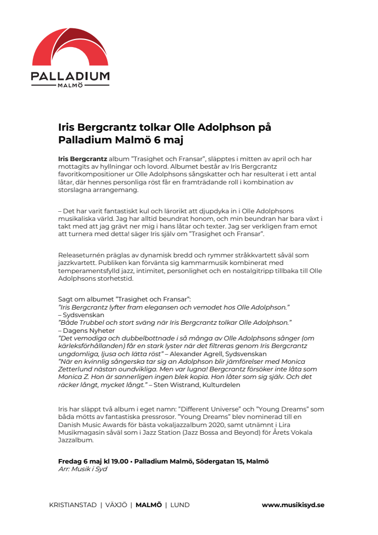 Iris Bergcrantz tolkar Olle Adolphson på Palladium Malmö 6 maj