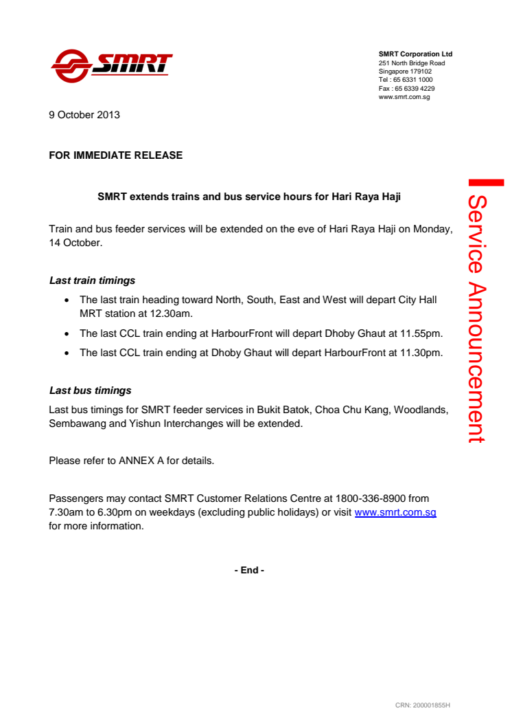 SMRT extends trains and bus service hours for Hari Raya Haji