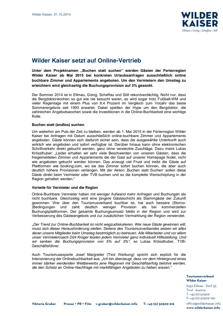 Wilder Kaiser setzt auf Online-Vertrieb